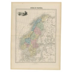 Antike Karte von Schweden und Norwegen von Migeon, 1880