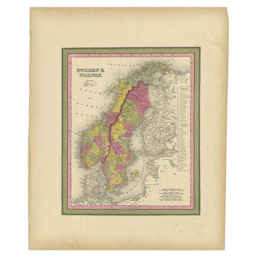 Carte ancienne de Suède et de Norvège par Mitchell, 1846 en vente