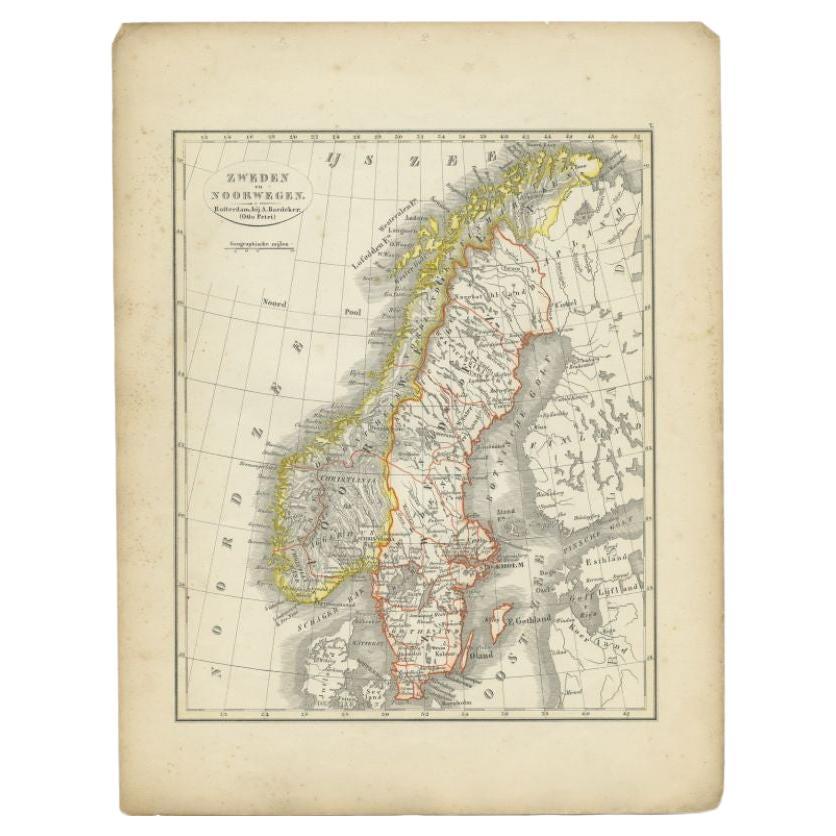 Carte ancienne de la Suède et de la Norvège par Petri, 1852