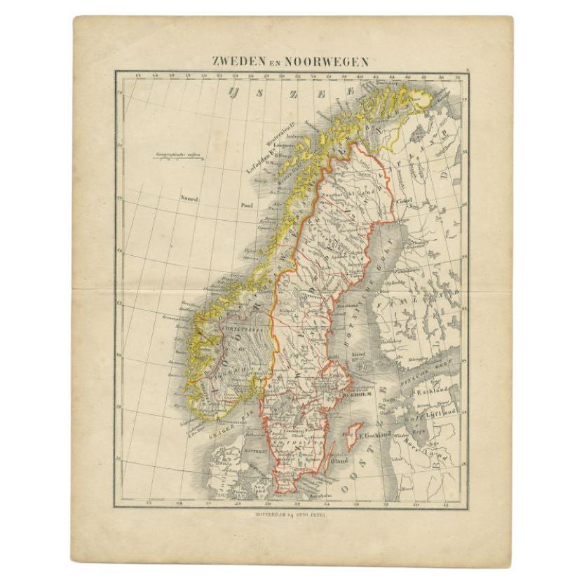 Antique Map of Sweden and Norway by Petri, c.1873