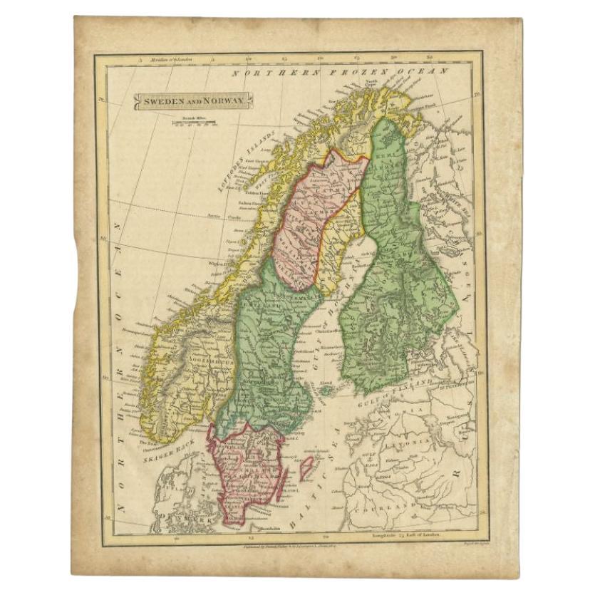 Antique Map of Sweden and Norway by Russell, 1814 For Sale