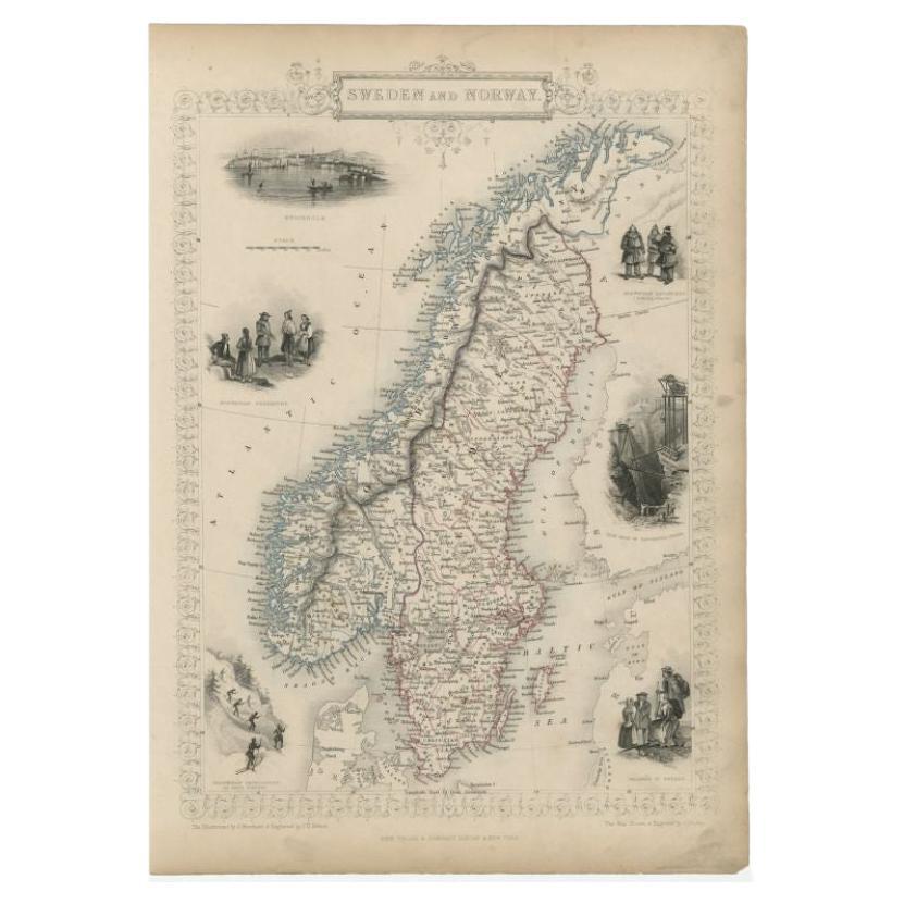 Antique Map of Sweden and Norway by Tallis, 1851