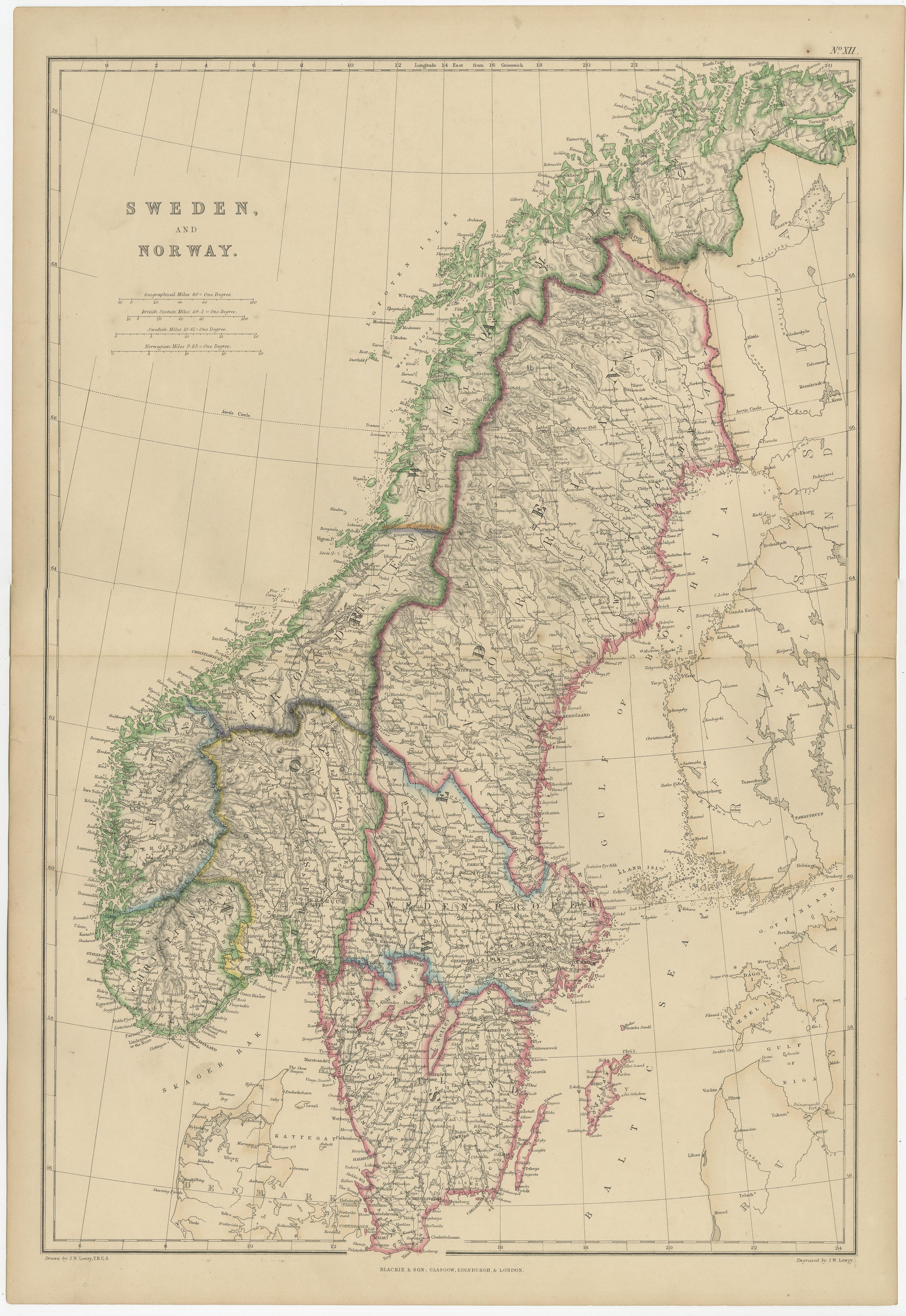 Antique Map of Sweden and Norway by W. G. Blackie, 1859 In Good Condition For Sale In Langweer, NL