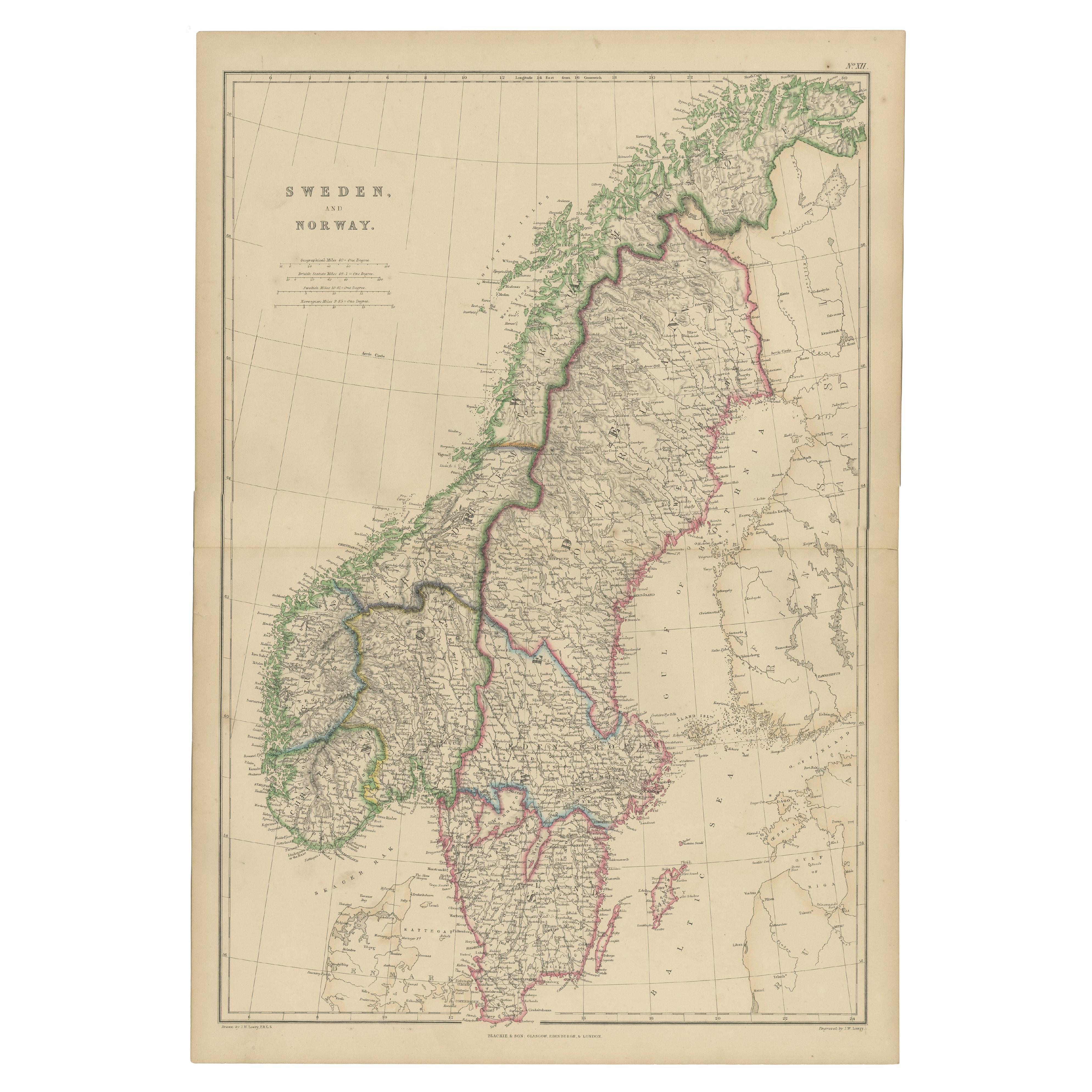 Antique Map of Sweden and Norway by W. G. Blackie, 1859 For Sale