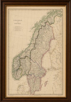 Antique Map of Sweden and Norway, Original Hand-Colored Copper Engraving, 1860