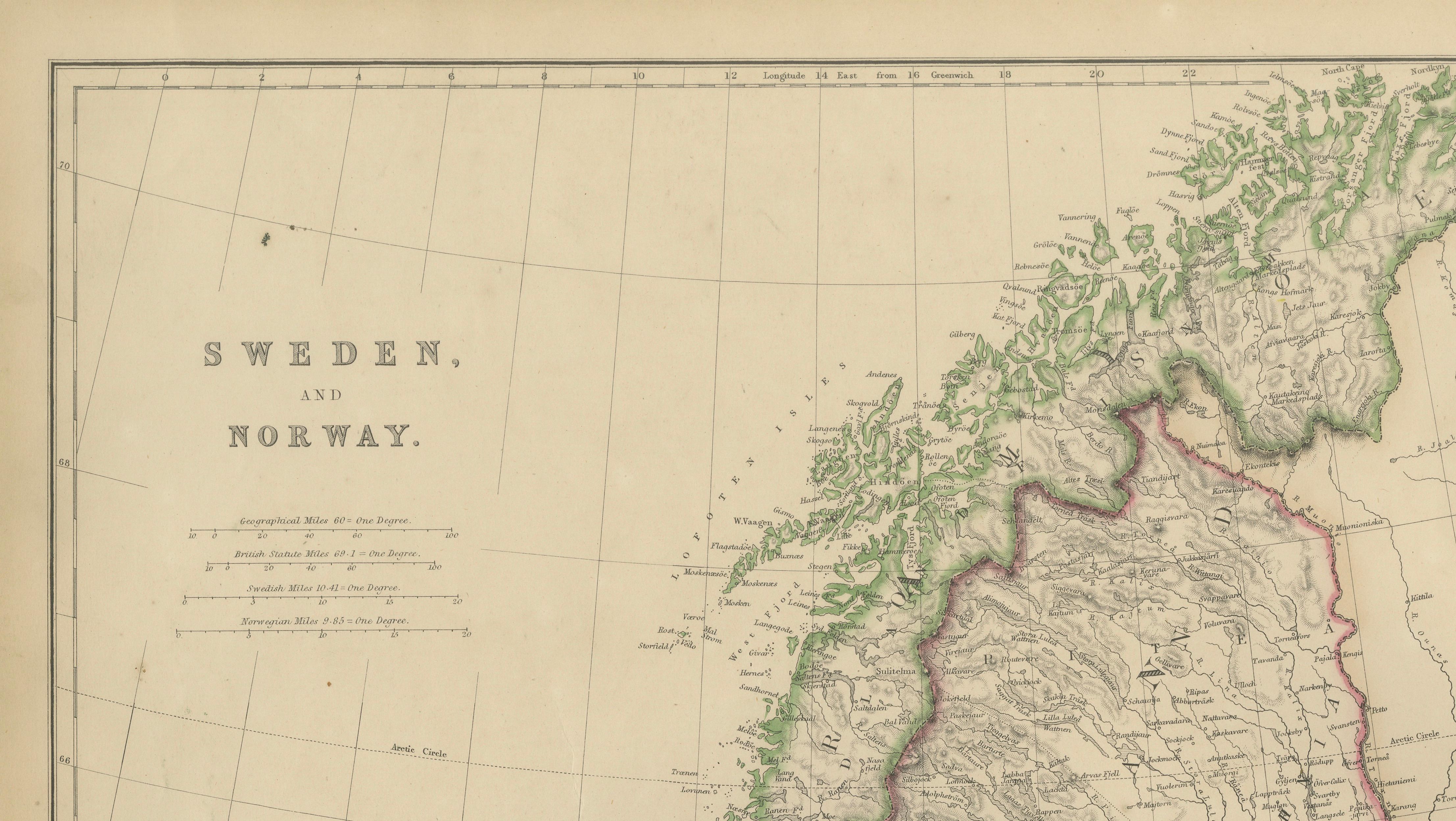 Antique Map of Sweden and Norway, Original Hand-Colored Copper Engraving, 1860
