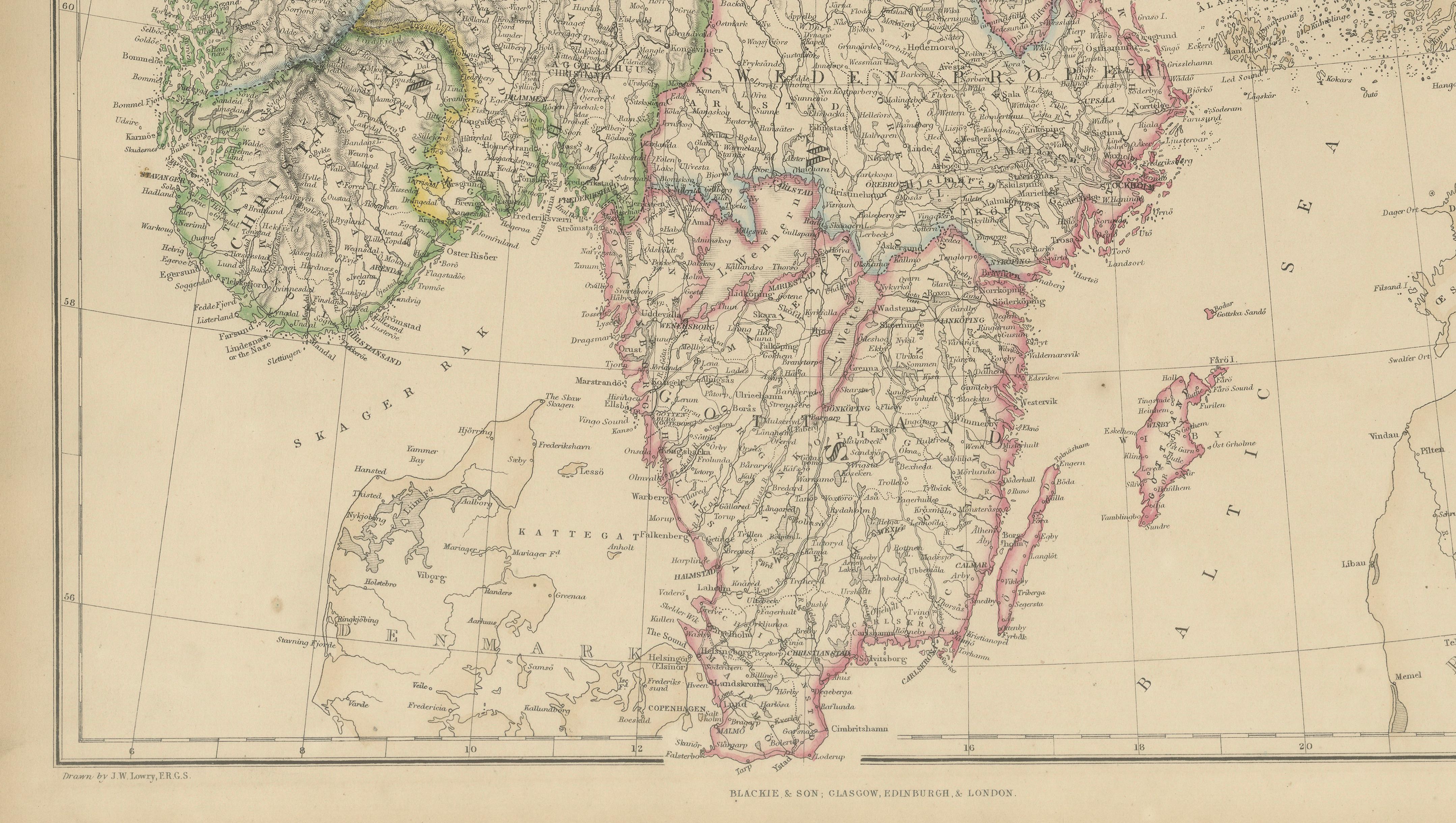 Antique Map of Sweden and Norway, Original Hand-Colored Copper Engraving, 1860