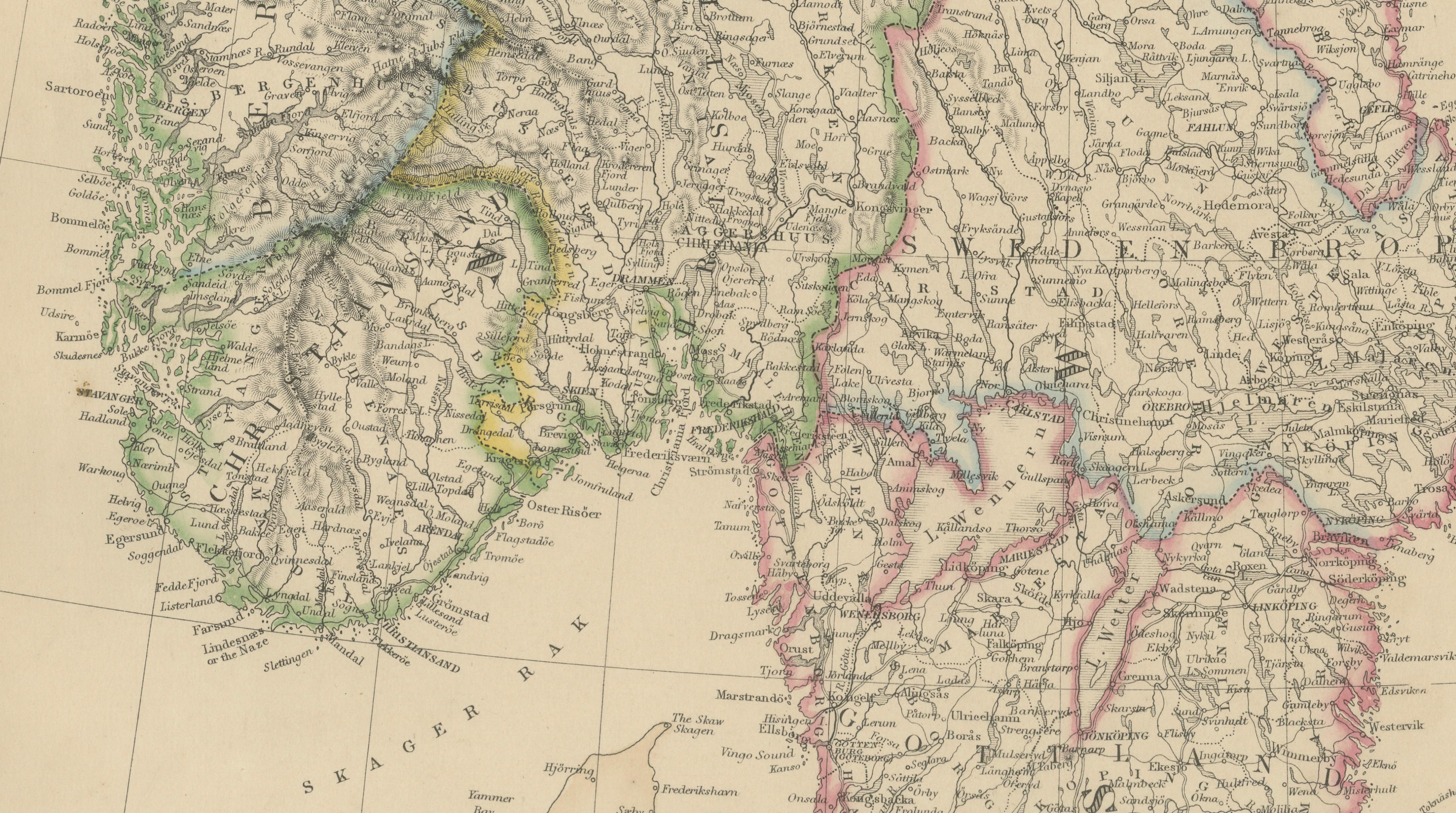 Antique Map of Sweden and Norway, Original Hand-Colored Copper Engraving, 1860