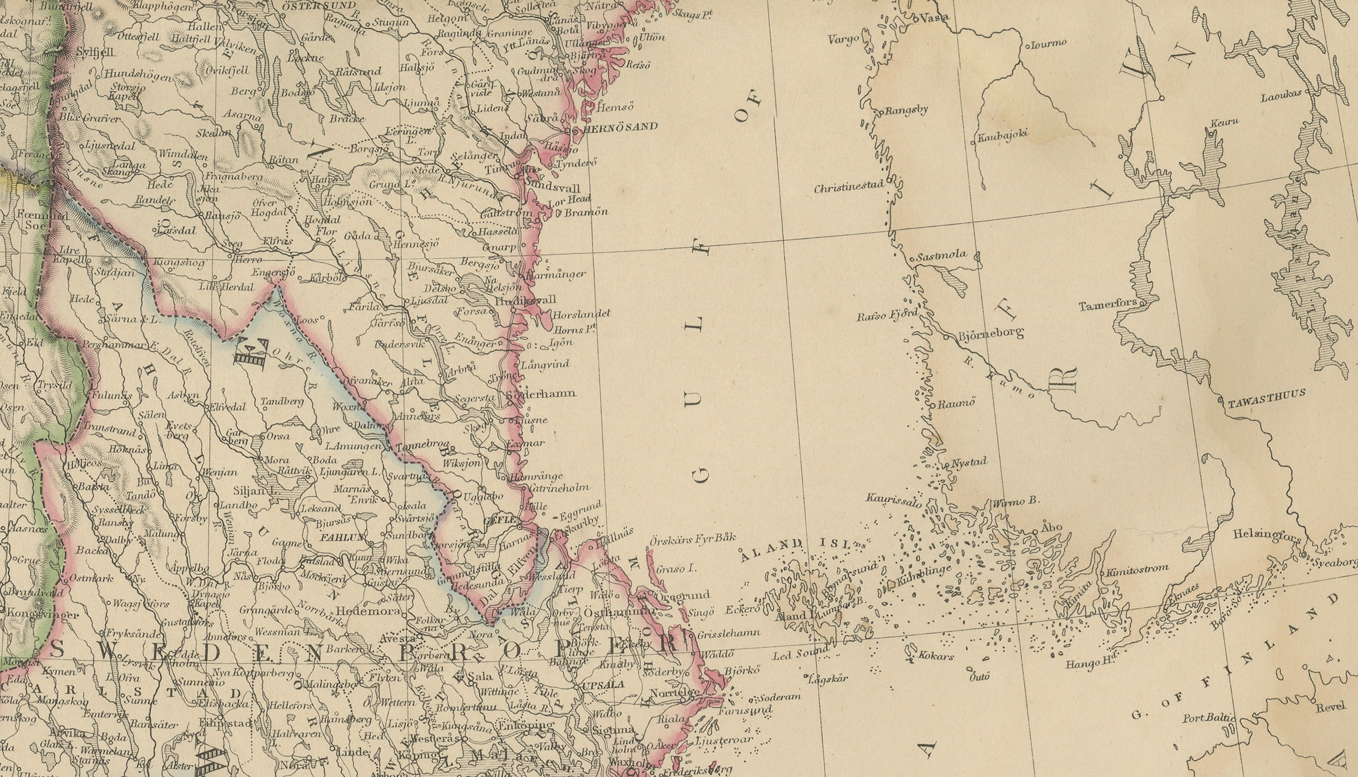 Antique Map of Sweden and Norway, Original Hand-Colored Copper Engraving, 1860