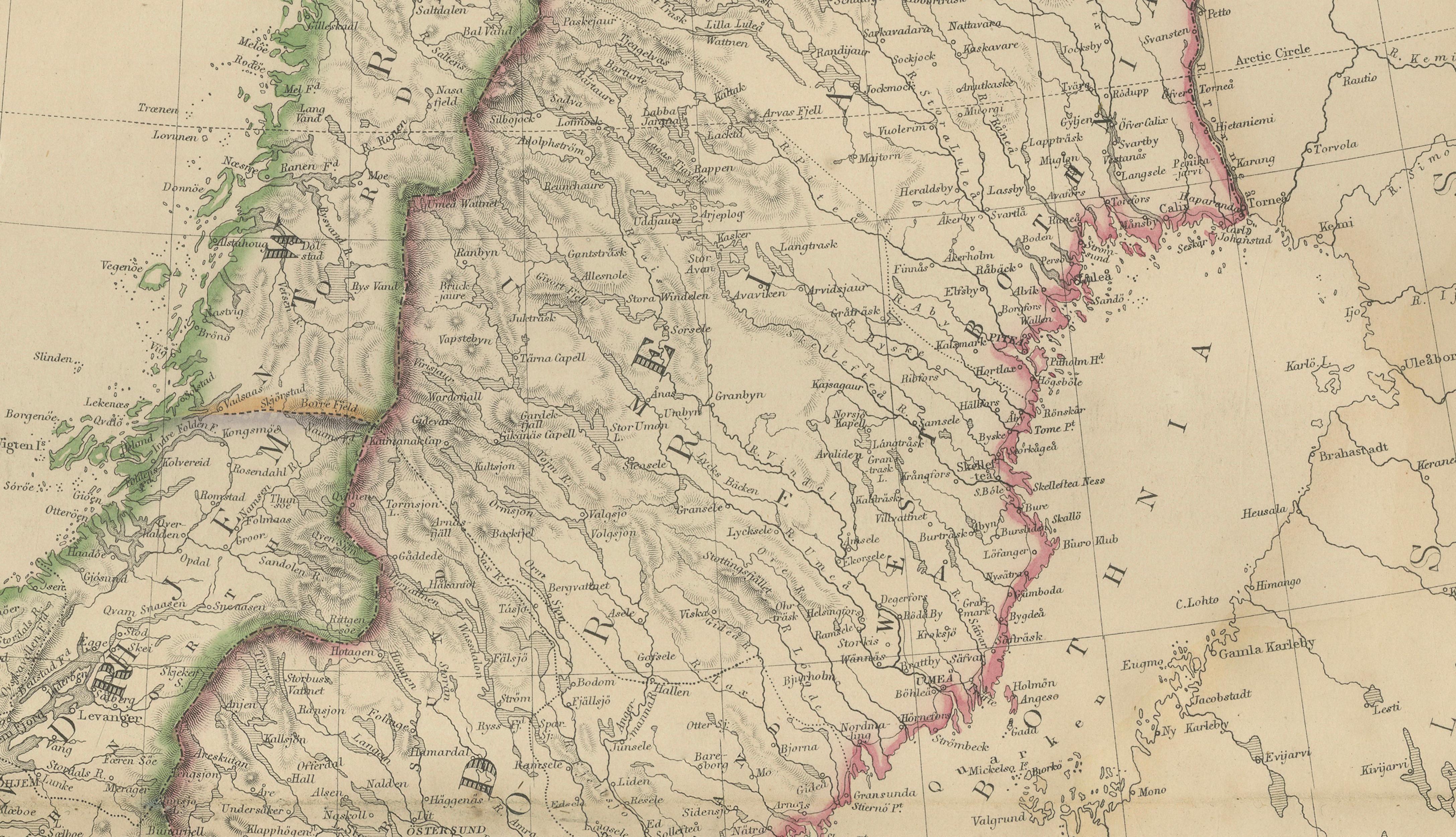 Antique Map of Sweden and Norway, Original Hand-Colored Copper Engraving, 1860