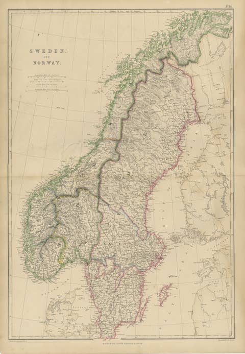 Antique Map of Sweden and Norway, Original Hand-Colored Copper Engraving, 1860