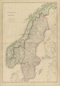 Antique Map of Sweden and Norway, Original Hand-Colored Copper Engraving, 1860