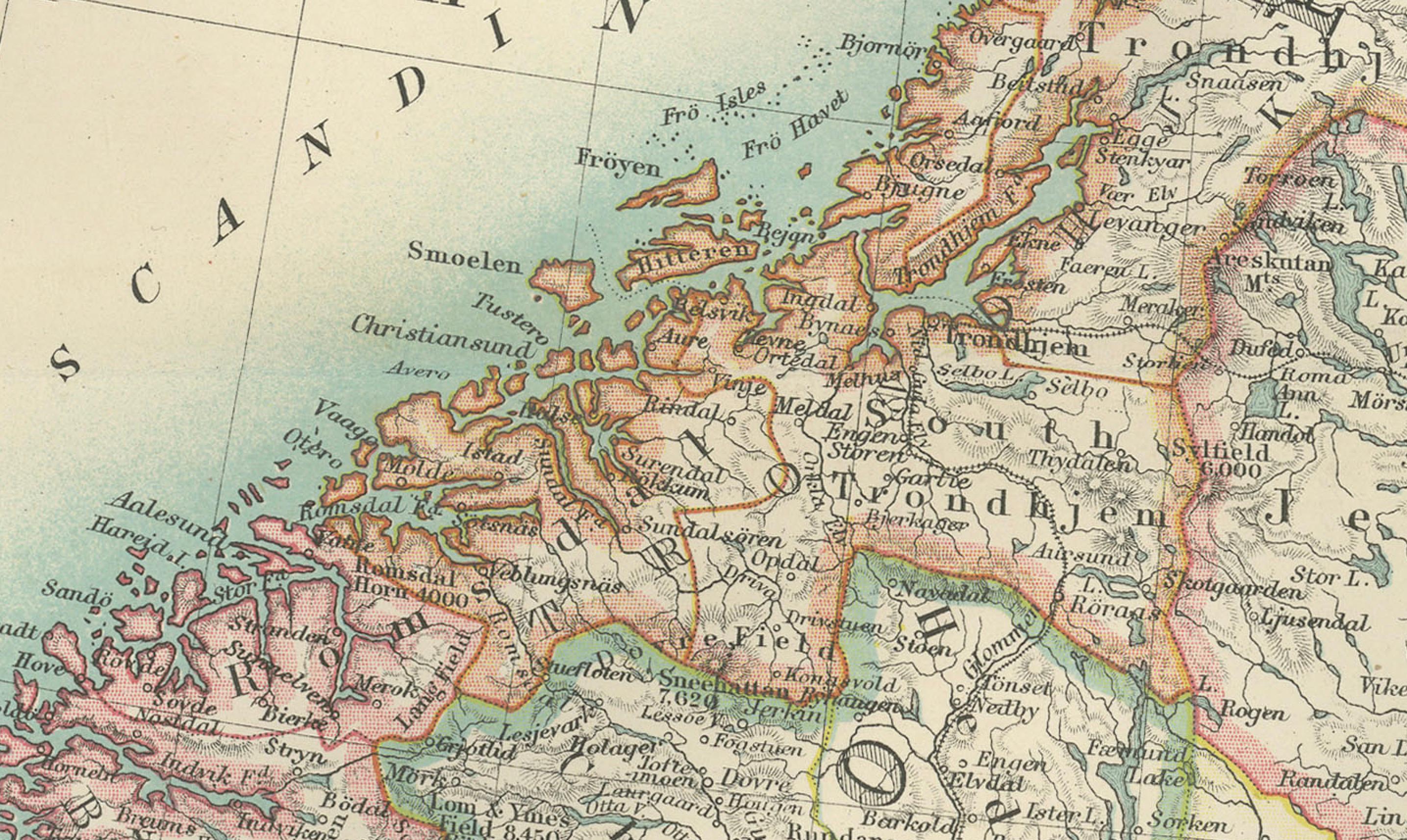 Carte ancienne de la Suède et de la Norvège, 1903, avec des détails topographiques complexes Bon état - En vente à Langweer, NL