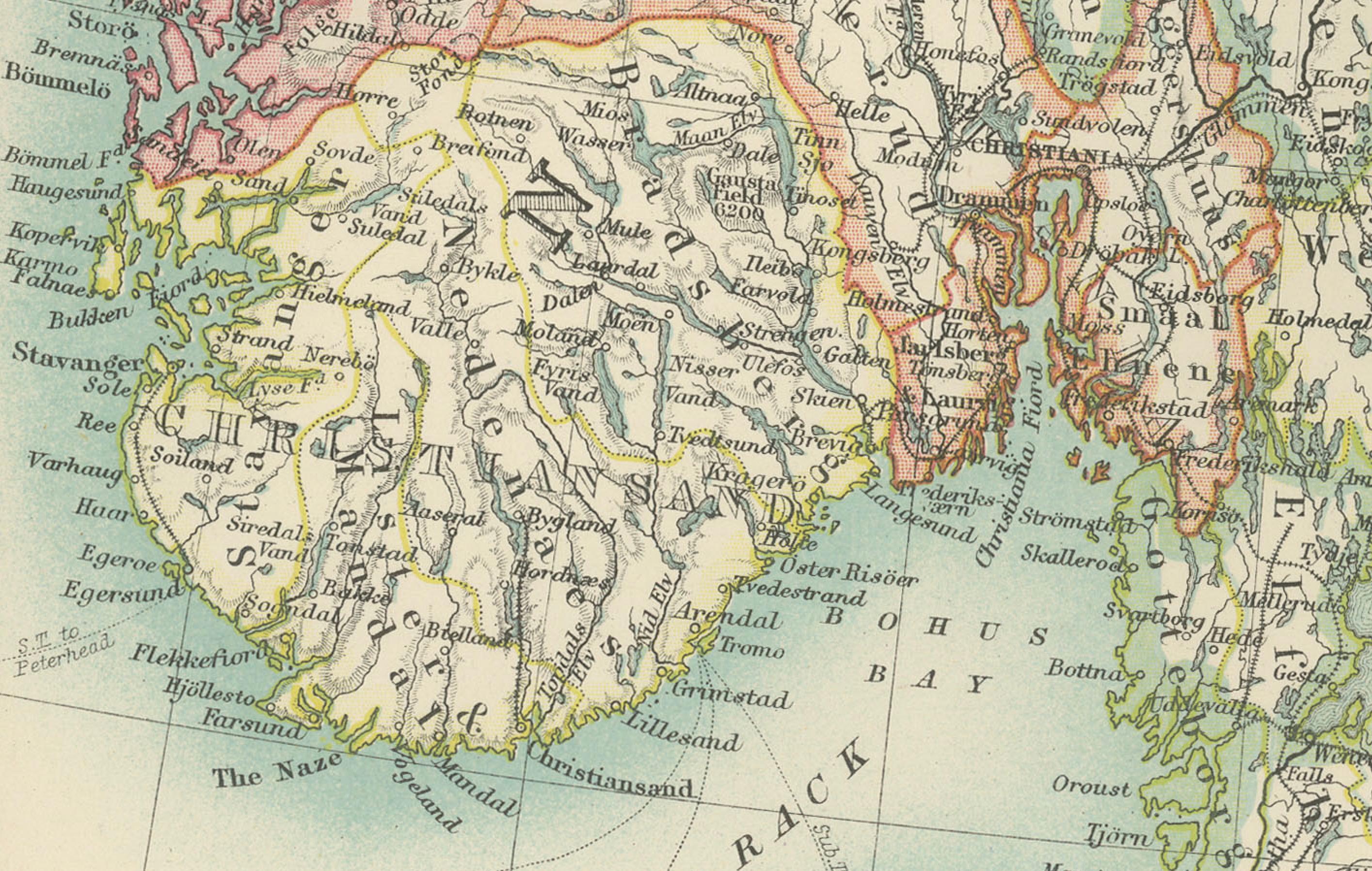 20ième siècle Carte ancienne de la Suède et de la Norvège, 1903, avec des détails topographiques complexes en vente