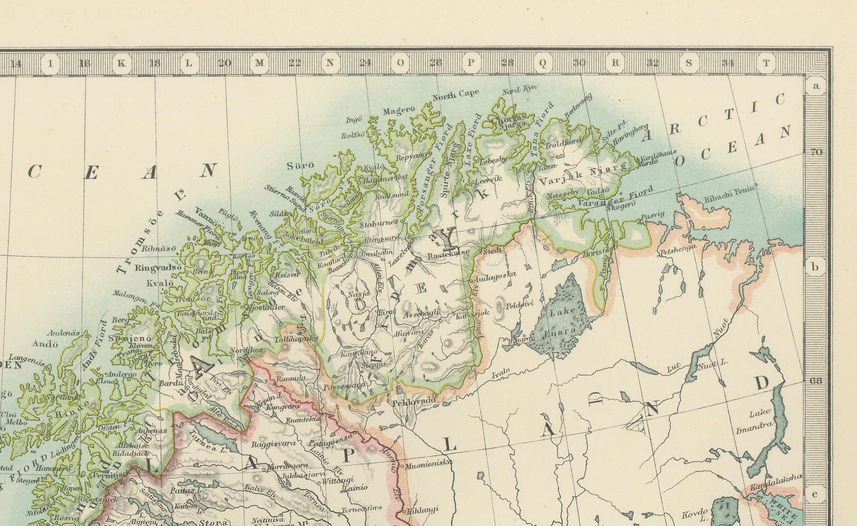 Carte ancienne de la Suède et de la Norvège, 1903, avec des détails topographiques complexes en vente 3