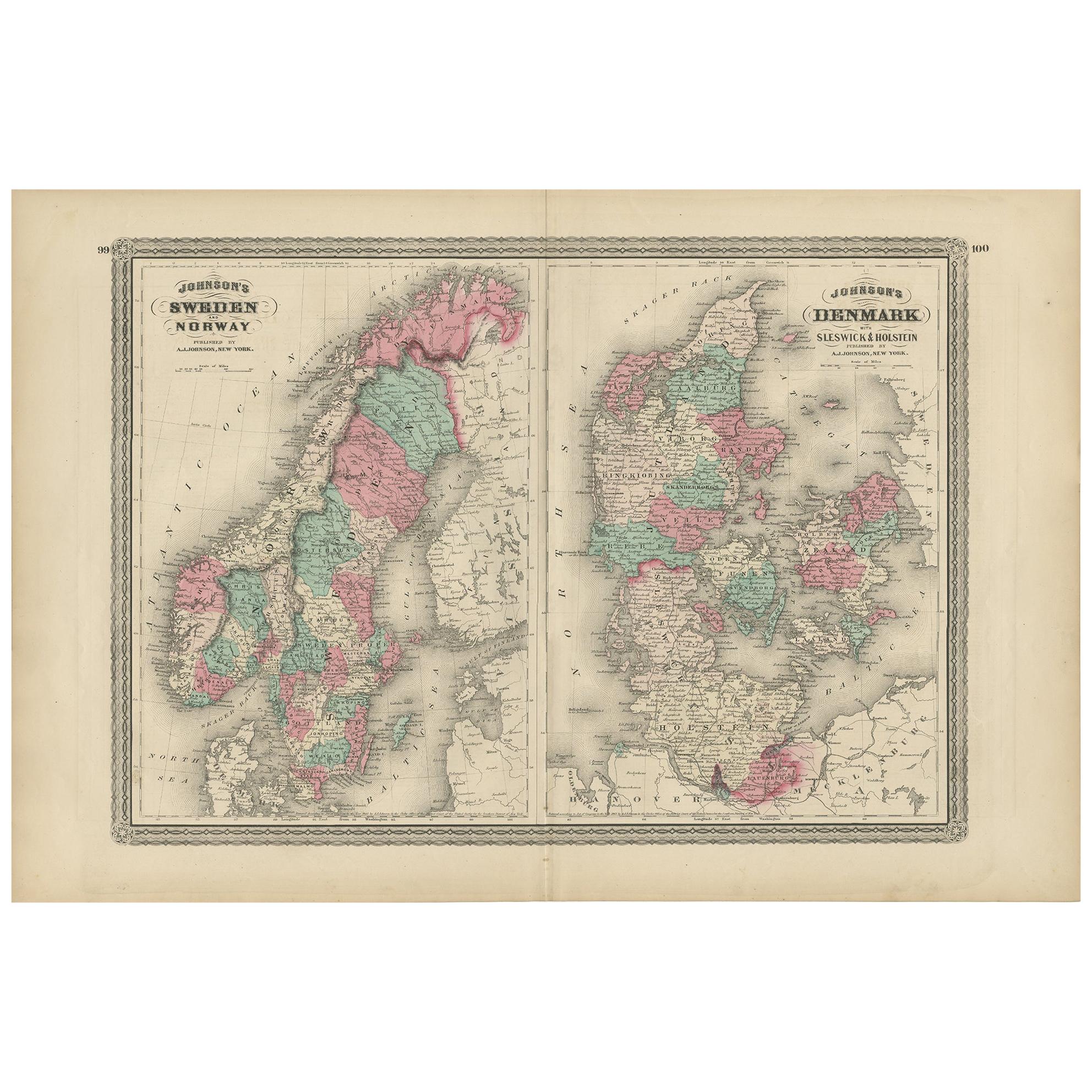 Antike Karte von Schweden, Norwegen und Dänemark von Johnson, 1872