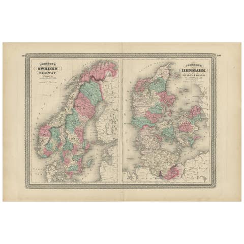 Antique Map of Sweden, Norway and Denmark by Johnson, 1872