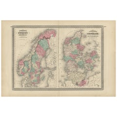 Carte ancienne de la Suède, de la Norvège et du Danemark par Johnson, 1872