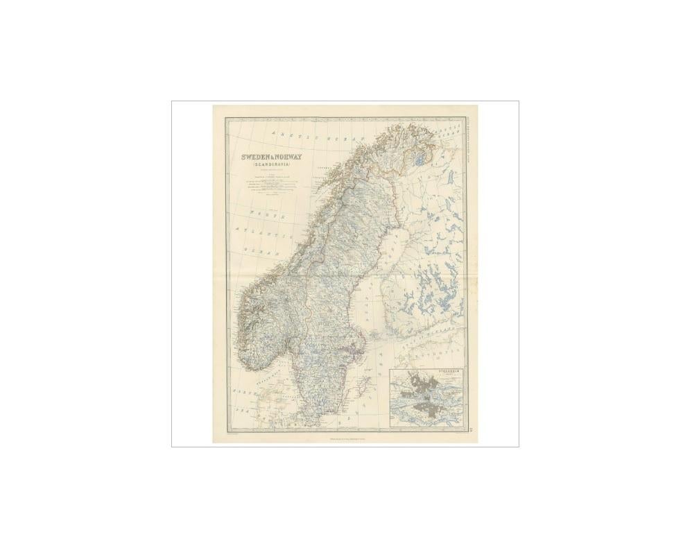 Antique map titled 'Sweden & Norway (Scandinavia)'. With an inset map of Stockholm and environments. This map originates from the ‘Royal Atlas of Modern Geography’ by Alexander Keith Johnston. Published by William Blackwood and Sons, Edinburgh and