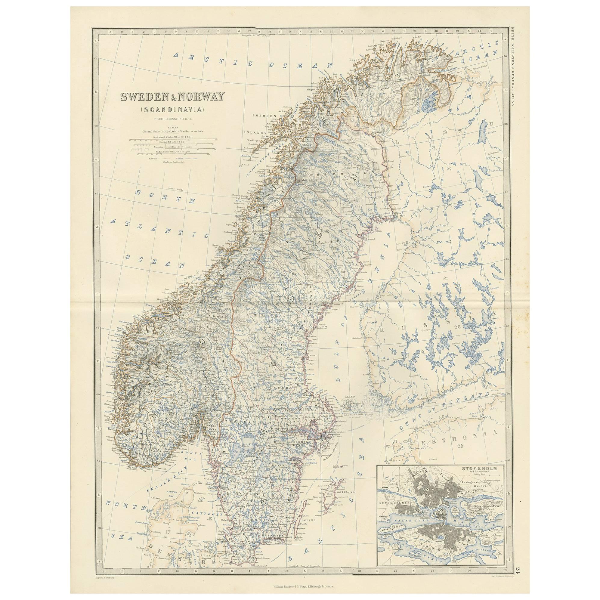 Antique Map of Sweden & Norway by A.K. Johnston '1865' For Sale
