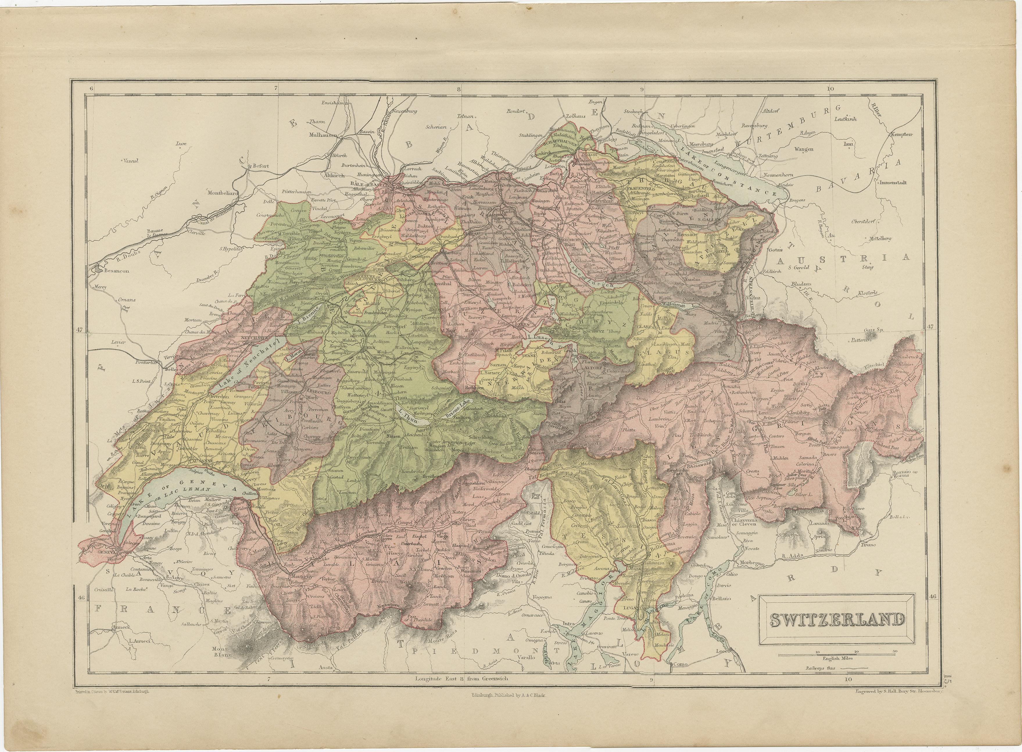 Carte ancienne de la Suisse par A & C. Black, 1870 Bon état - En vente à Langweer, NL