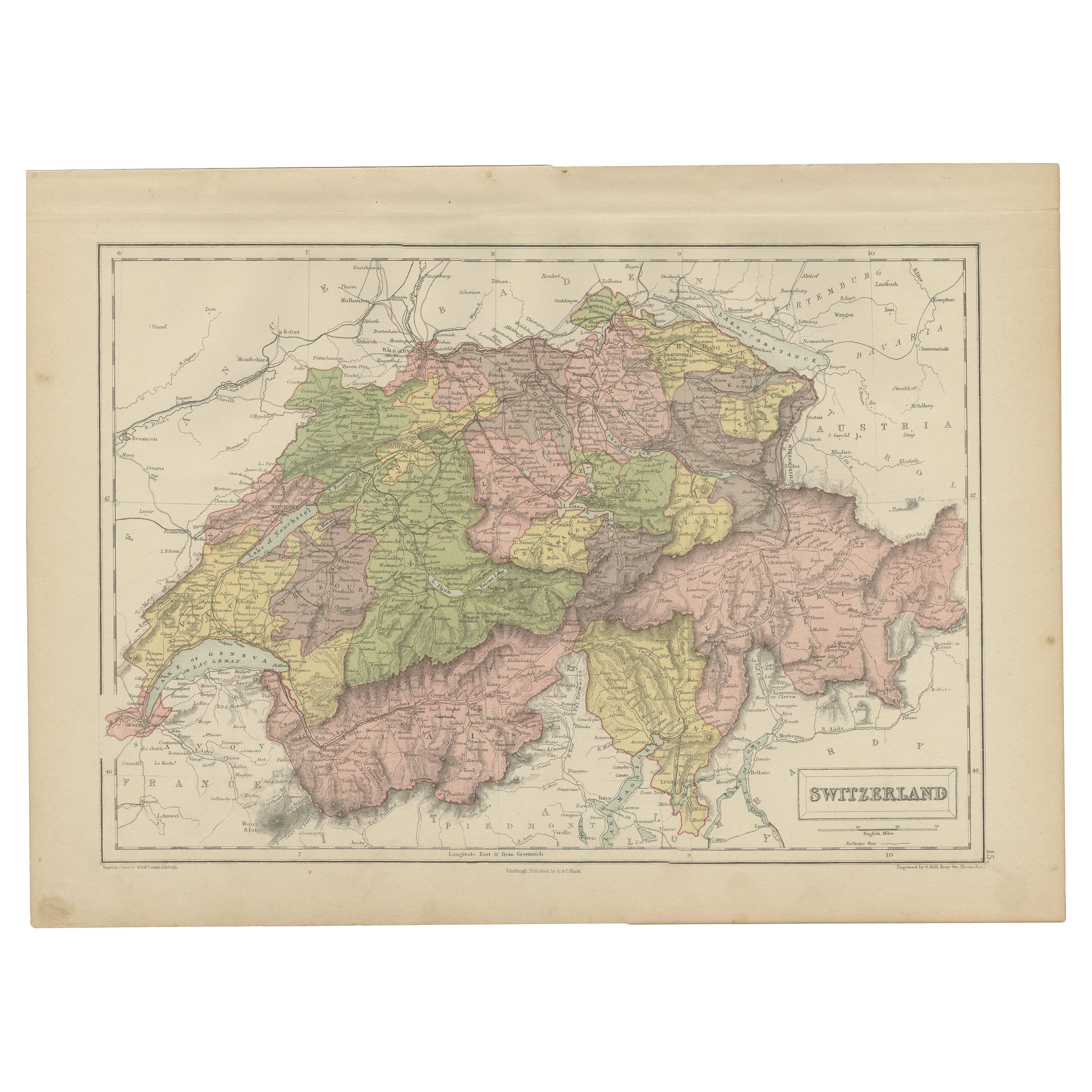 Antique Map of Switzerland by A & C. Black, 1870 For Sale