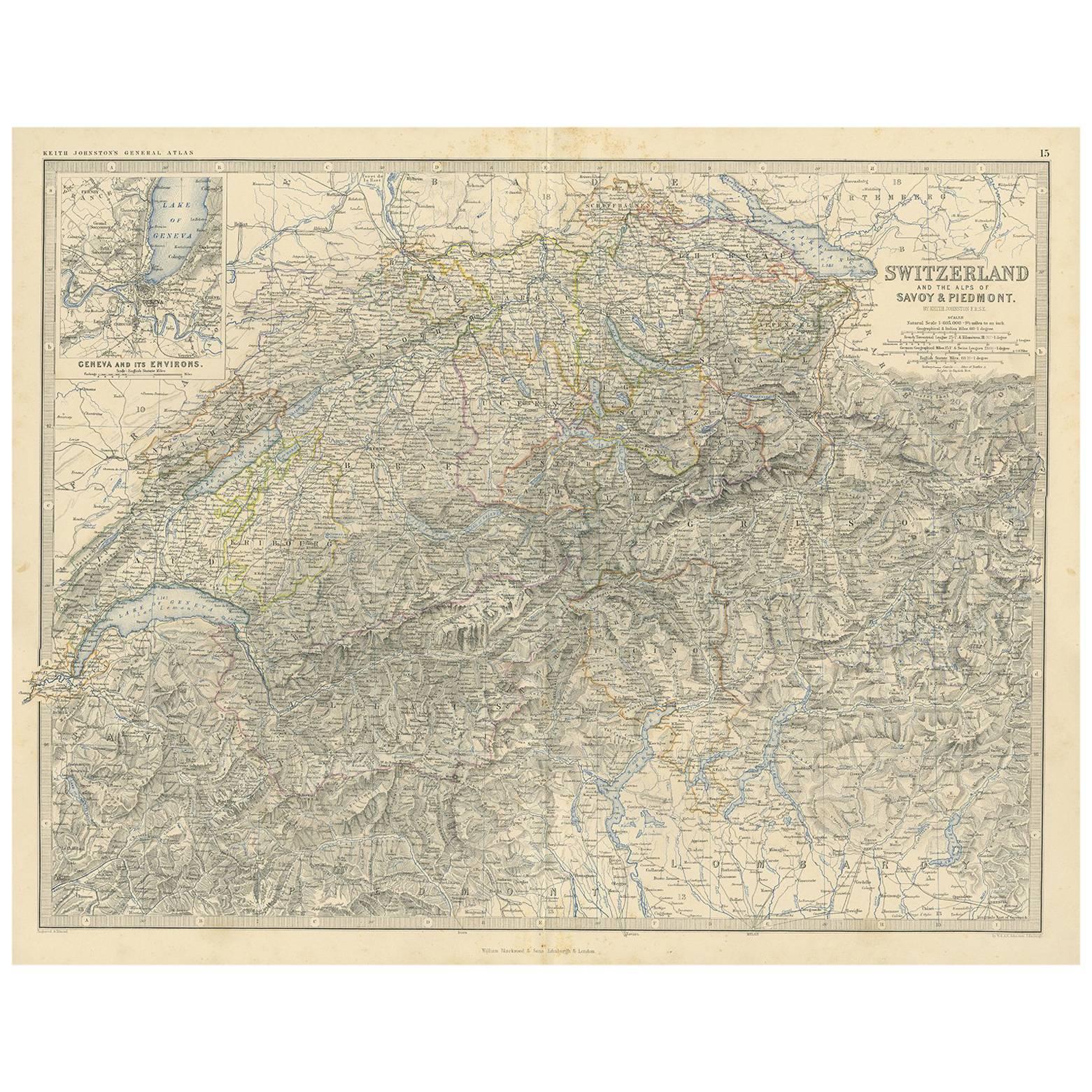 Antique Map of Switzerland by A.K. Johnston, 1865