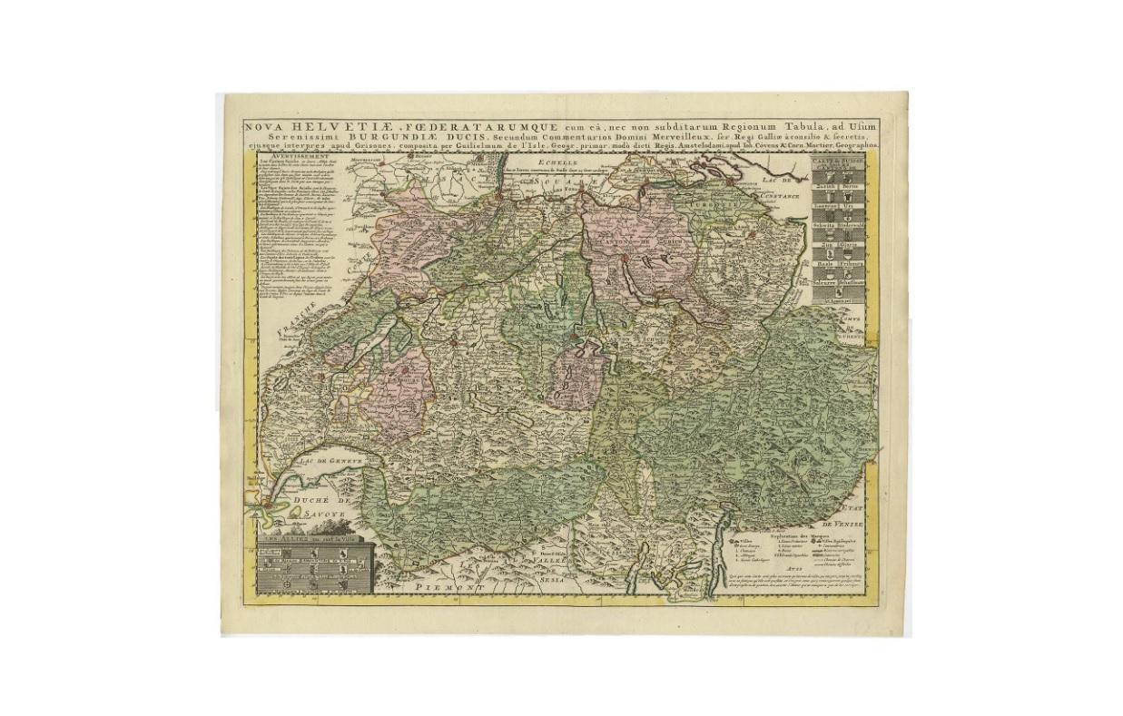 Antique map titled 'Nova Helvetiae, Foederatarumque cum ea, nec non Subditarum Regionum Tabula'. Old map of Switzerland by Covens and Mortier, 1749. Shows Lake Como and Lake Geneva or Lac Leman, as well as cities, rivers, mountains, other lakes, and