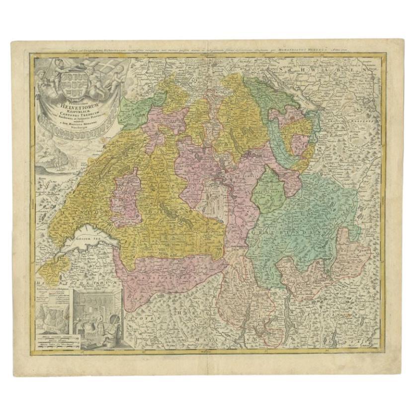 Antique Map of Switzerland by Homann Heirs, c.1732 For Sale