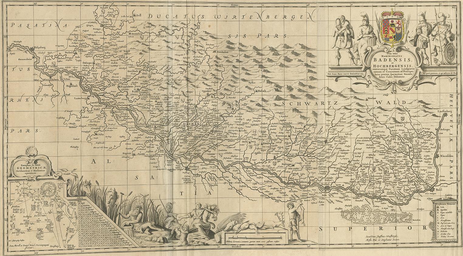 Antique map titled 'Vera totius marchionatus Badensis, et Hochbergensis ; ceterorumque ducatuum ladngravionatuum et comitatuum ad principes huius nominis spectantium geometr: astro: calcu: delineatio'. This map originates from 