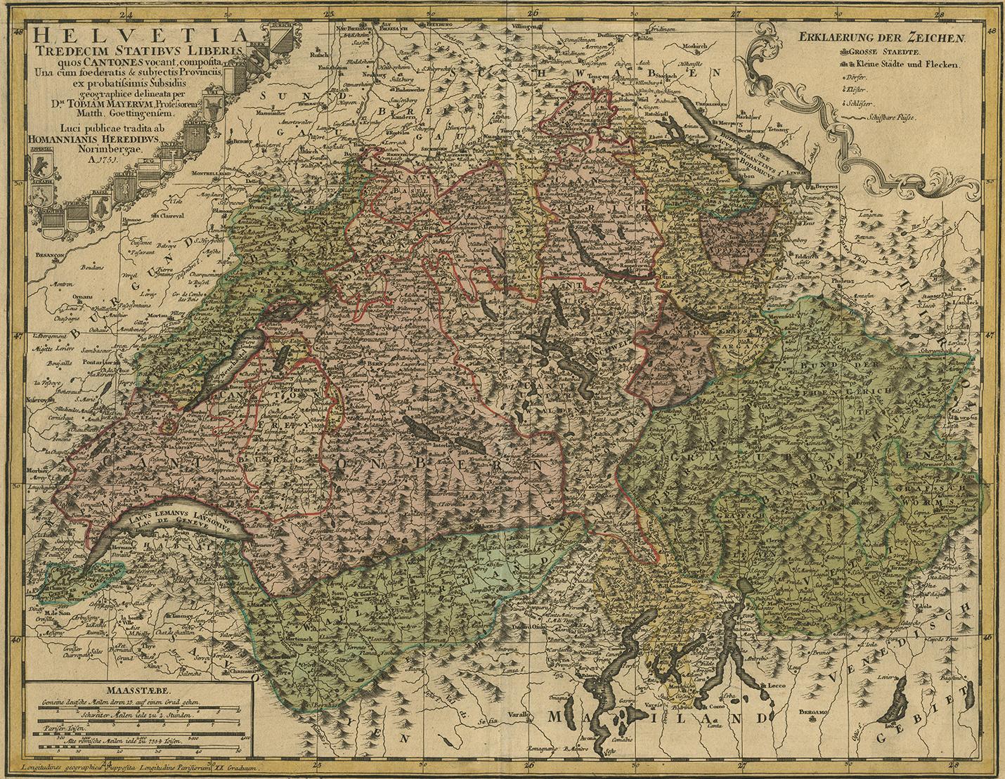 Decorative example of Homann's map of Switzerland, with decorative cartouche and the coat of arms of each of the 13 Cantons.