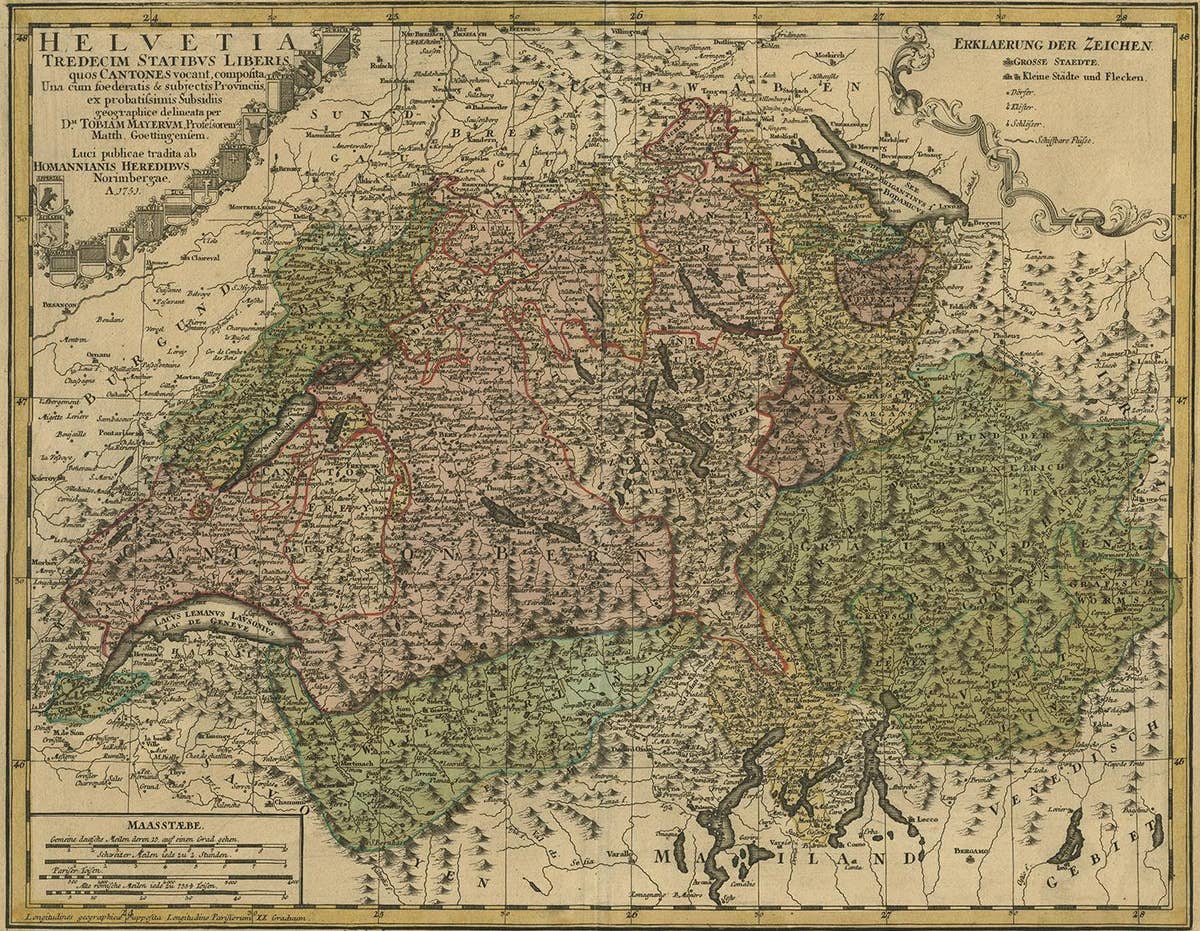 Antique Map of Switzerland by J.B. Homann, 1751