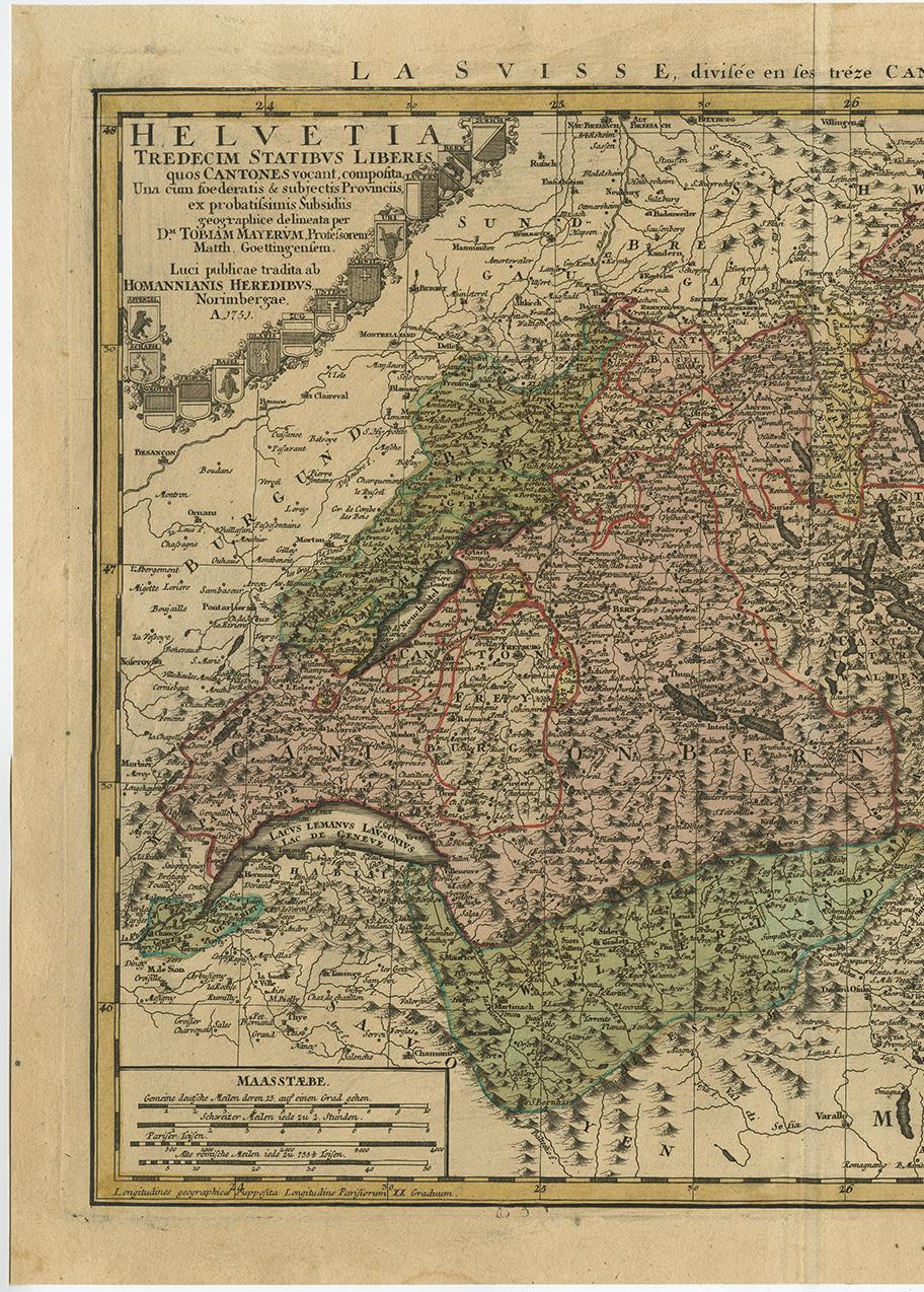 Antique Map of Switzerland by J.B. Homann, 1751 In Good Condition For Sale In Langweer, NL