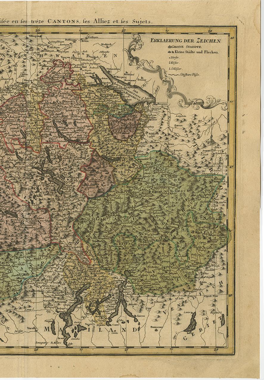 Antike Karte der Schweiz von J.B. Homann, 1751 im Zustand „Gut“ im Angebot in Langweer, NL