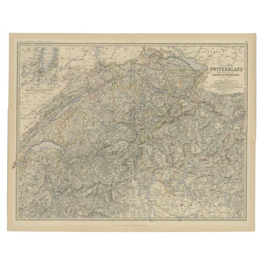 Carta geografica antica della Svizzera di Johnston, 1882