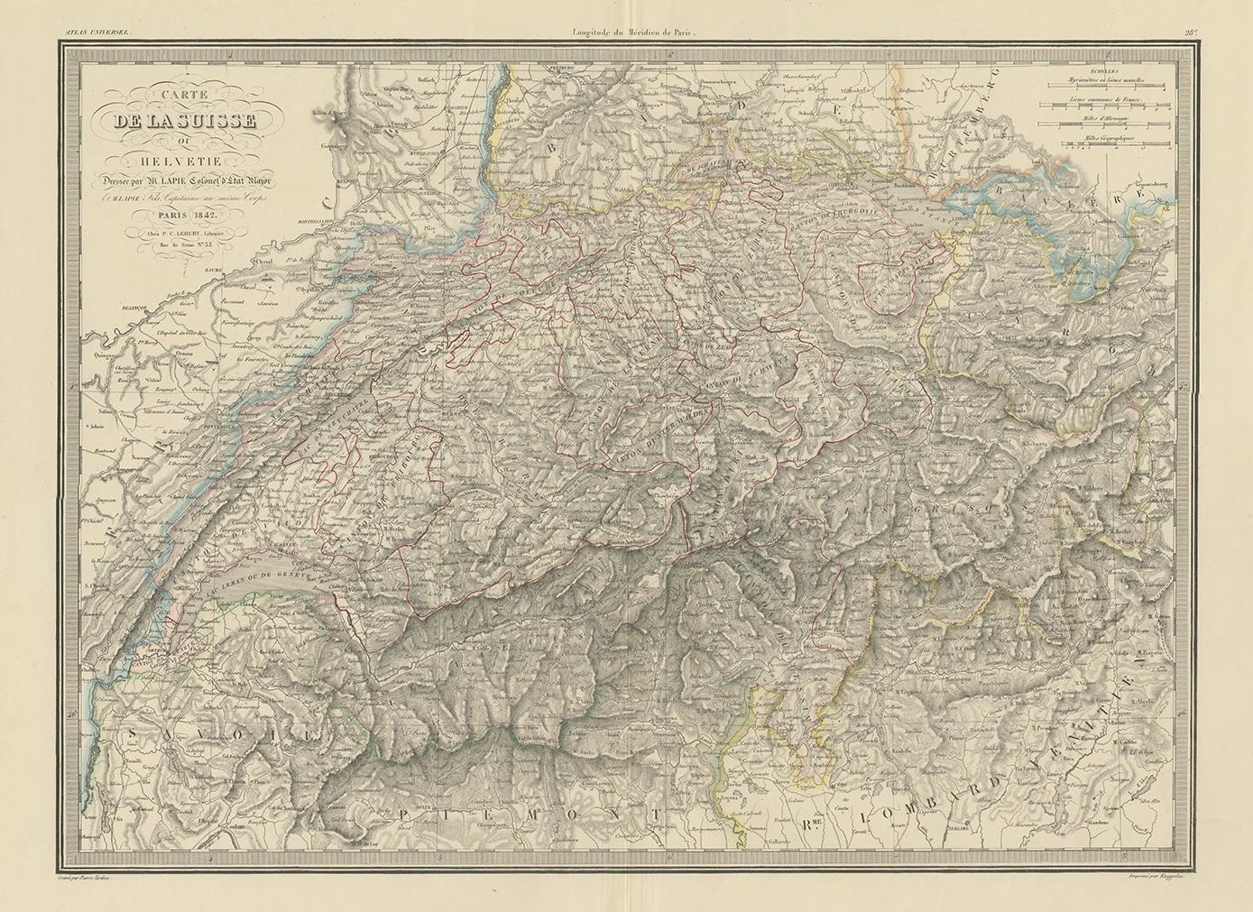 Antique map titled 'Carte de la Suisse ou Helvetie'. Map of Switzerland. This map originates from 'Atlas universel de géographie ancienne et moderne (..)' by Pierre M. Lapie and Alexandre E. Lapie. Pierre M. Lapie was a French cartographer and