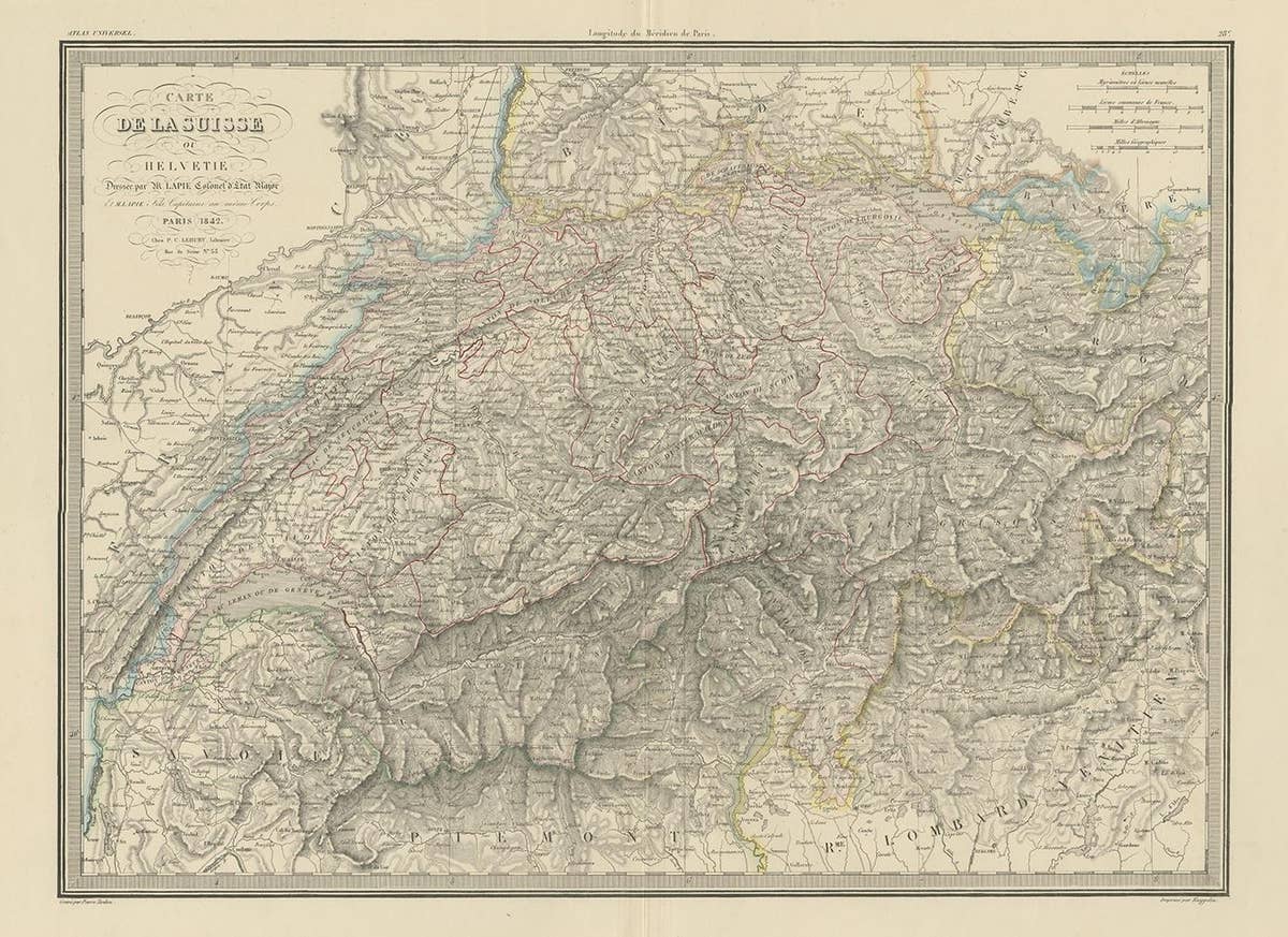 Antique Map of Switzerland by Lapie, 1842