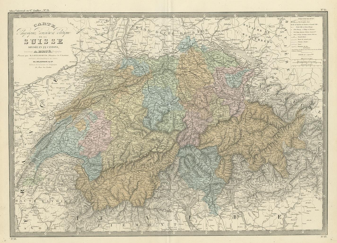 Antique map titled 'Carte de la Suisse (..)'. Large map of Switzerland. This map originates from 'Atlas de Géographie Moderne Physique et Politique' by A. Levasseur. Published 1875.