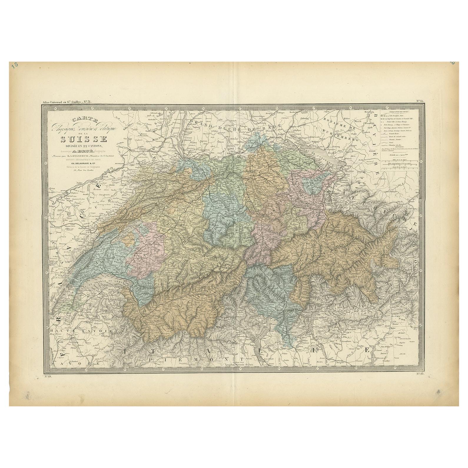 Antique Map of Switzerland by Levasseur '1875'