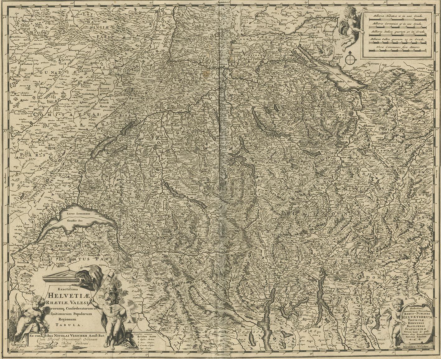 Carte magnifiquement détaillée de la Suisse et des régions avoisinantes de la France, de l'Allemagne et de l'Italie d'aujourd'hui. Cette carte comporte deux cartouches décoratifs : le plus grand est flanqué de deux putti, dont l'un en tenue