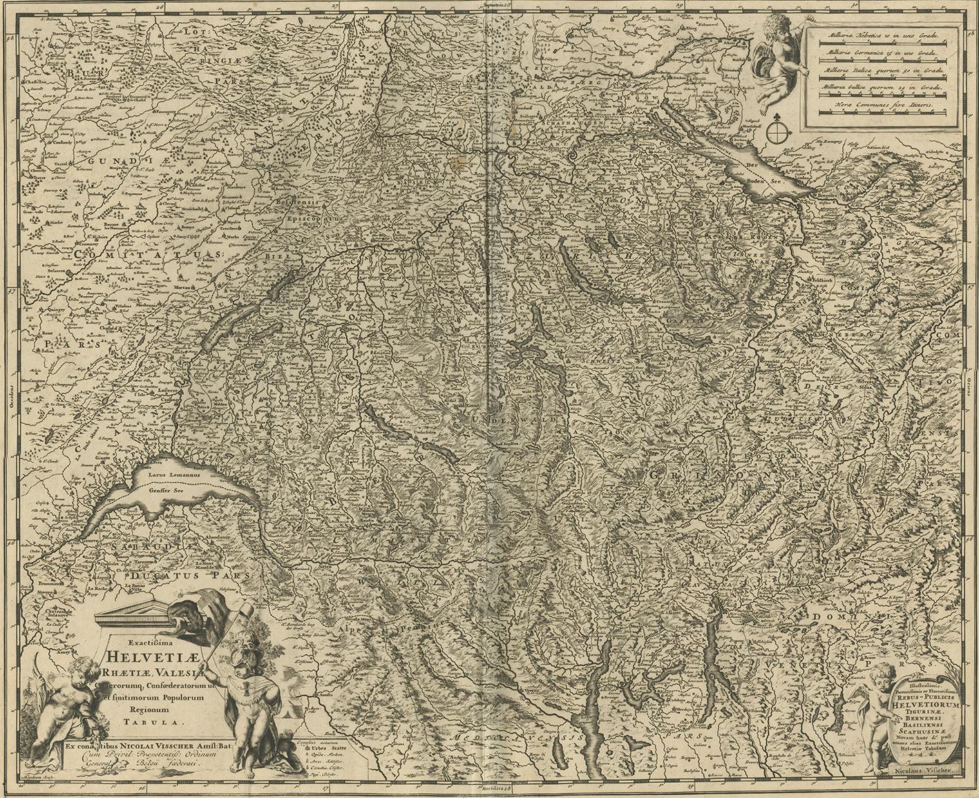 Beautifully detailed map of Switzerland and surrounding regions in present-day France, Germany, and Italy. This map features two decorative cartouches: the larger is flanked by two putti, one in military garb, and the smaller has one putto and reads