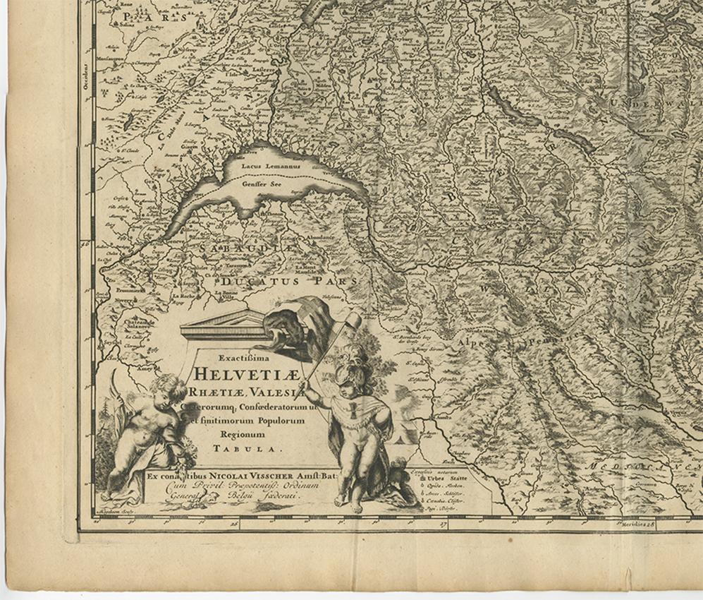 Gravé Carte ancienne de la Suisse par N. Visscher, vers 1690 en vente