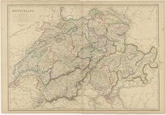 Antique Map of Switzerland, Cantons & Alps, Hand Colored, Blackie, circa 1859