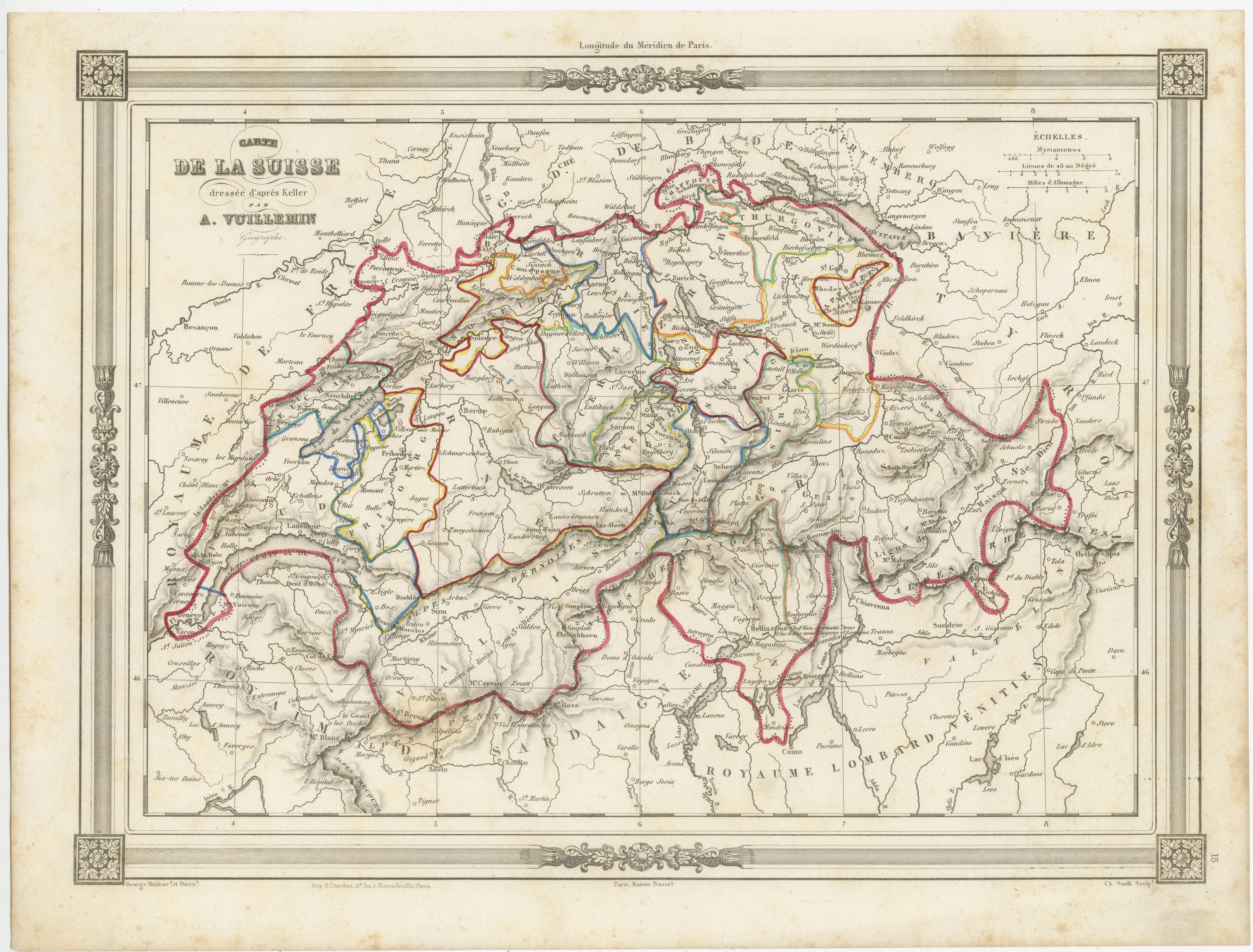 Die antike Karte mit dem Titel 'Carte de la Suisse' ist eine attraktive Karte der Schweiz. Hier sind die wichtigsten Details und Merkmale der Karte:

1. **Geografischer Geltungsbereich**:
   - Die Karte deckt die Schweiz flächendeckend ab und bildet