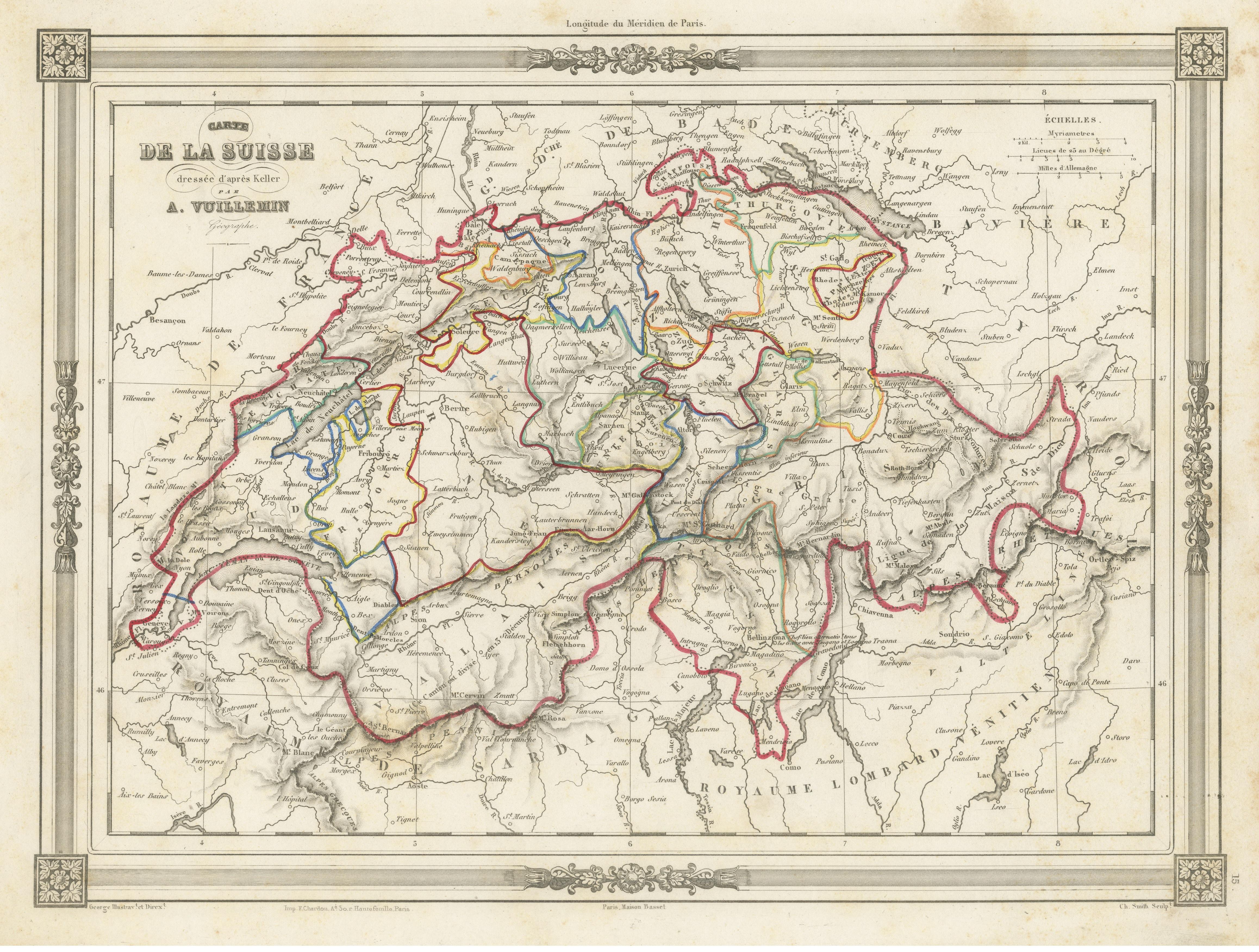 Schweizer Splendor: Antike Karte der Schweiz und ihrer Kantone, 1852 im Zustand „Relativ gut“ im Angebot in Langweer, NL