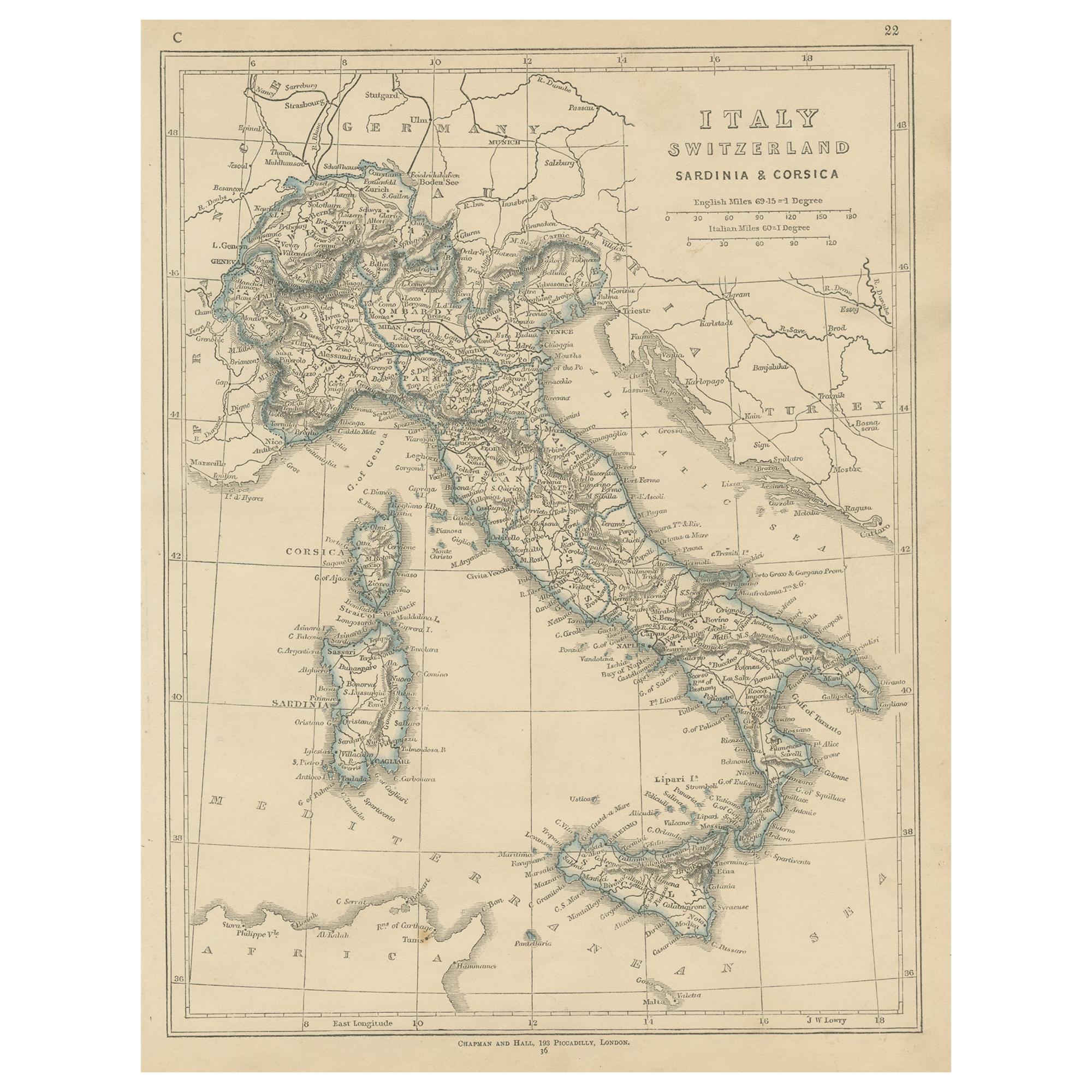 Antique Map of Switzerland, Italy, Sardinia and Corsica by Lowry, '1852'