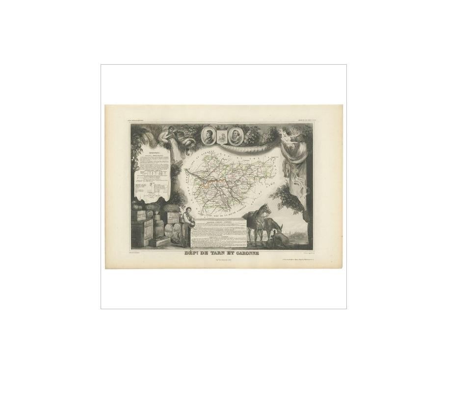 Antique map titled 'Dépt. de Tarn et Garonne'. Map of the French department of Tarn et Garonne, France. This map is centered around the city of Moissac, which is known for its fine desert grapes. This area produces a number of quality wines, such as