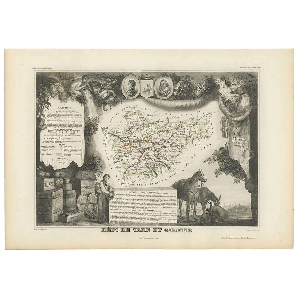 Antique Map of Tarn and Garonne in France, 1854