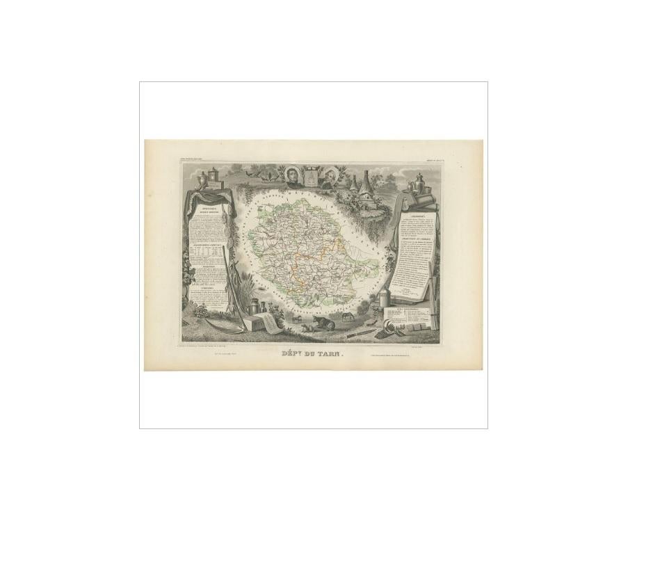 Antique map titled 'Dépt. du Tarn'. Map of the French department of Tarn, France. This area produces a variety of traditional wines, including Cahors, Mauzac, Loin de l'Oeil and Ondenc for the white varieties and Braucol, Duras and Prunelart for the