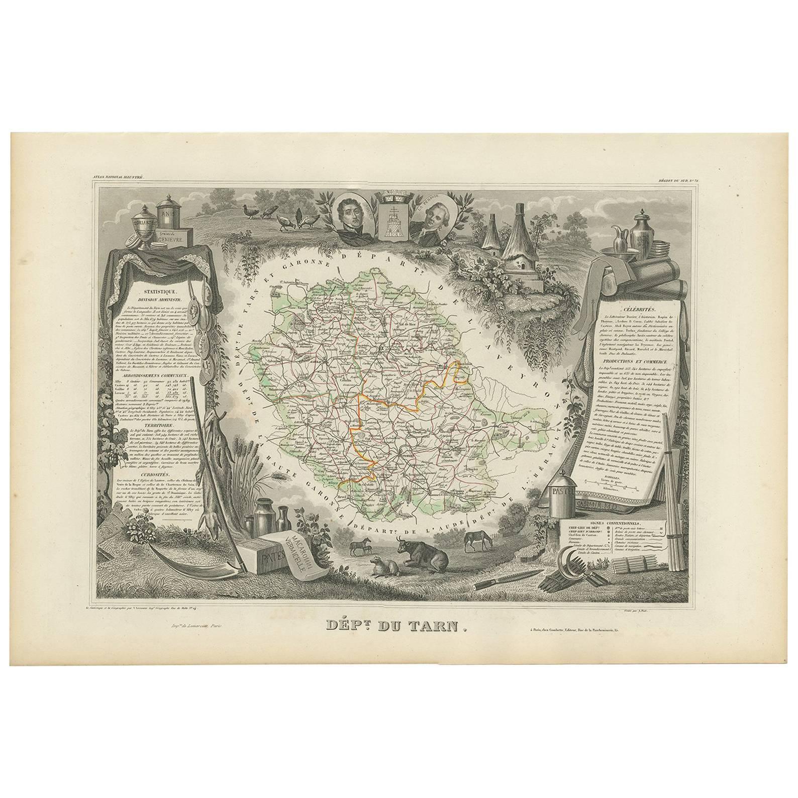 Antique Map of Tarn 'France' by V. Levasseur, 1854 For Sale